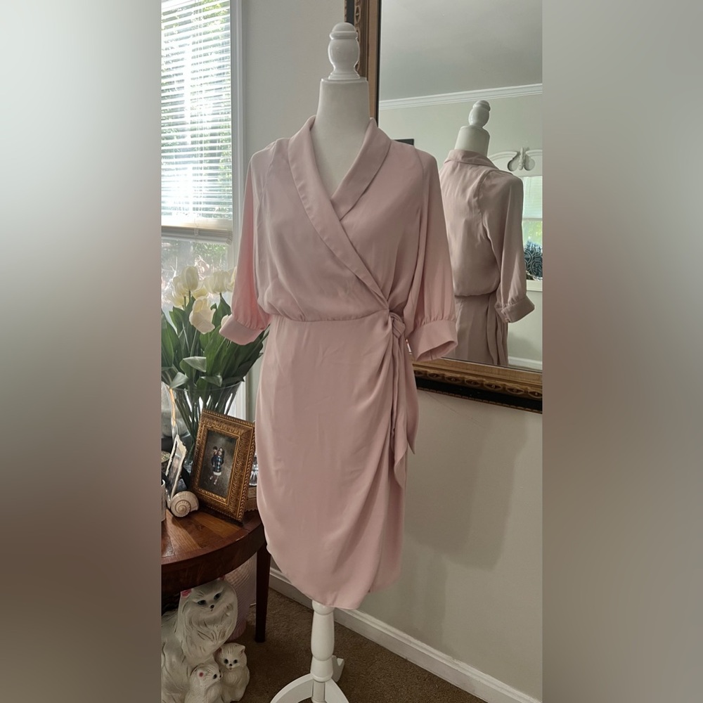 Phase Eight Briella Wrap Woven Dress pale pink collared 3/4 sleeve wrap dress